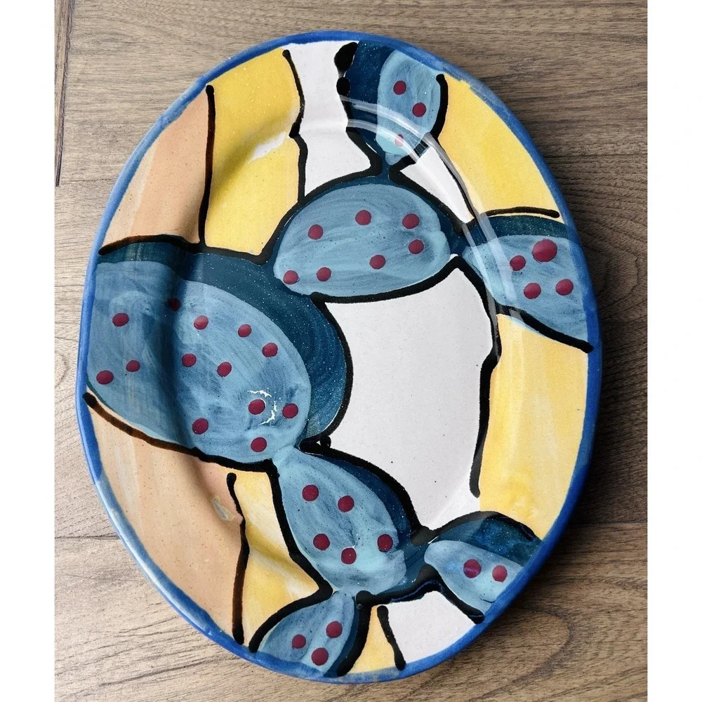 Stephen Kilborn Pottery CACTUS DOTS Large Oval Platter Tray ~10